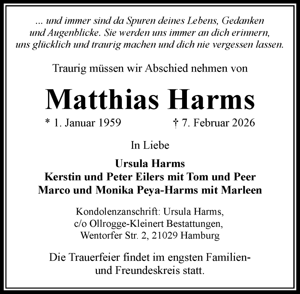  Traueranzeige für Matthias Harms vom 14.02.2026 aus Wochenend Anzeiger