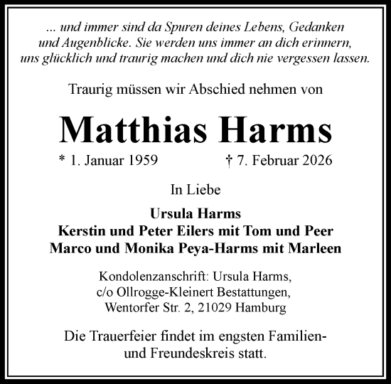 Traueranzeige von Matthias Harms von Wochenend Anzeiger