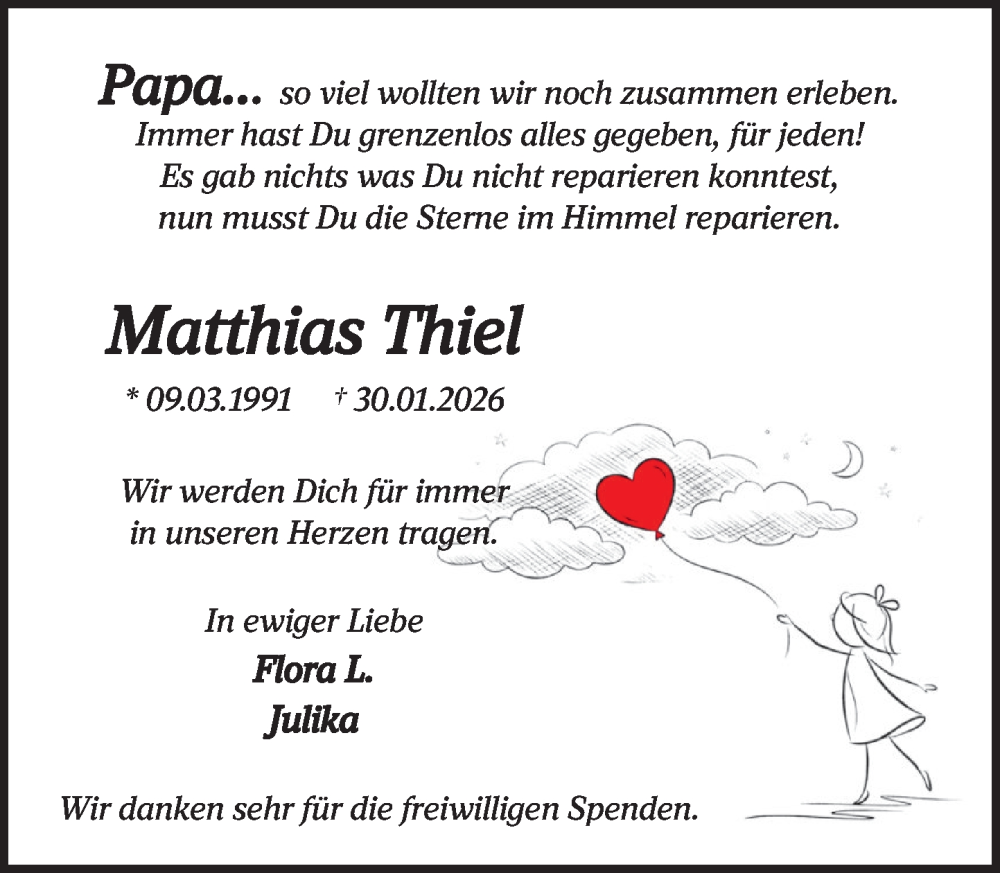  Traueranzeige für Matthias Thiel vom 14.02.2026 aus MARKT Ratzeburg/Mölln