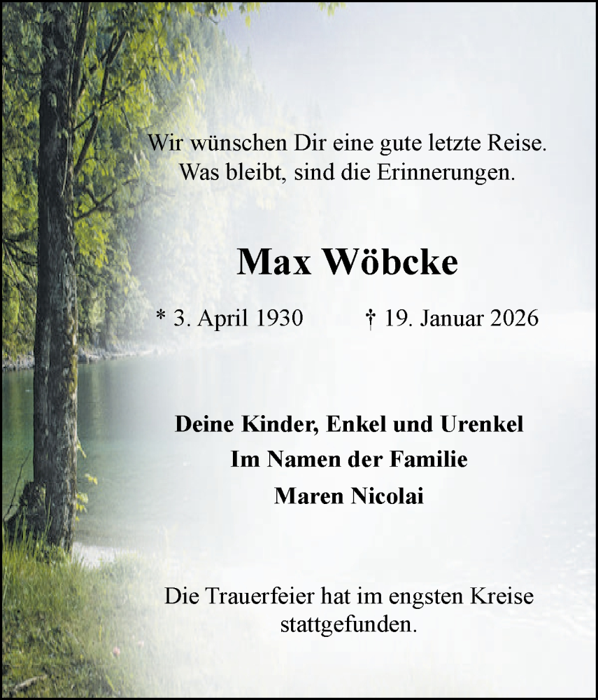  Traueranzeige für Max Wöbcke vom 07.02.2026 aus Elmshorner Nachrichten, Barmstedter Zeitung