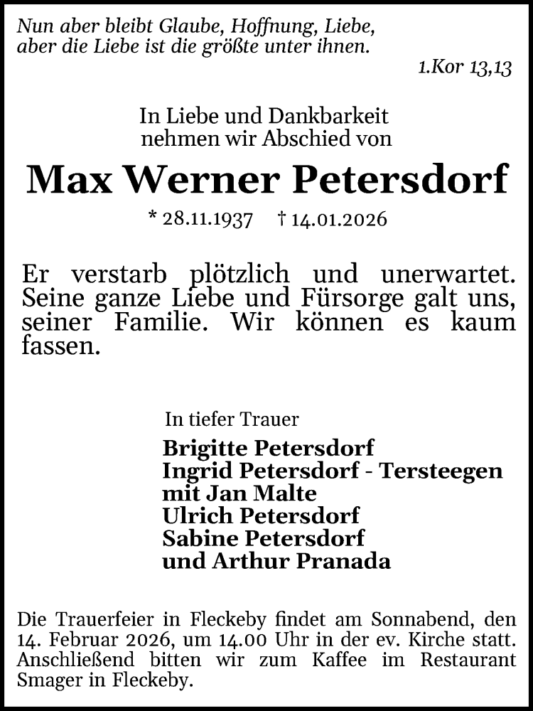  Traueranzeige für Max Werner Petersdorf vom 07.02.2026 aus Eckernförder Zeitung, Hallo Eckernförde