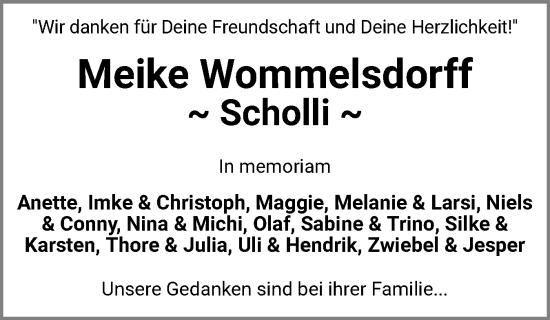 Traueranzeige von Meike Wommelsdorff von Schleswig-Holsteinische Landeszeitung