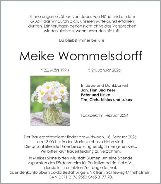 Traueranzeige von Meike Wommelsdorff von Schleswig-Holsteinische Landeszeitung