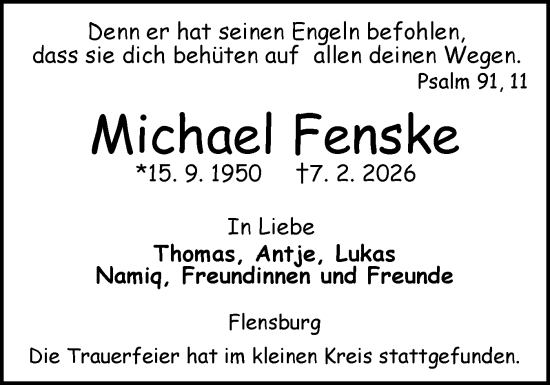 Traueranzeige von Michael Fenske von Flensburger Tageblatt