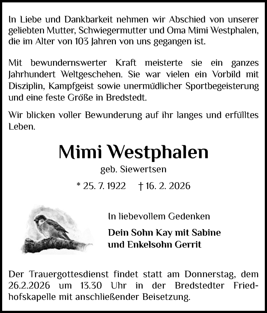  Traueranzeige für Mimi Westphalen vom 21.02.2026 aus Husumer Nachrichten, Nordfriesland Tageblatt