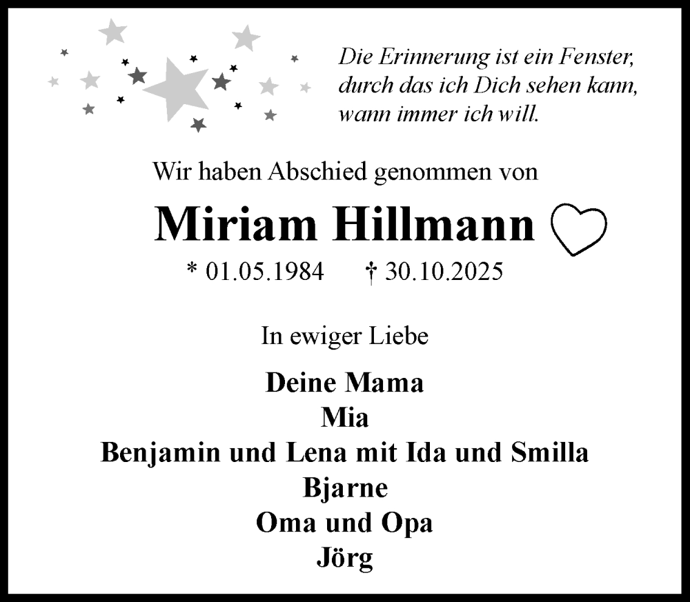  Traueranzeige für Miriam Hillmann vom 24.01.2026 aus Umschau