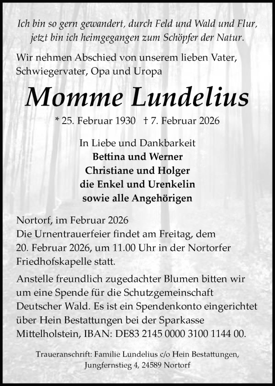 Traueranzeige von Momme Lundelius von Schleswig-Holsteinische Landeszeitung