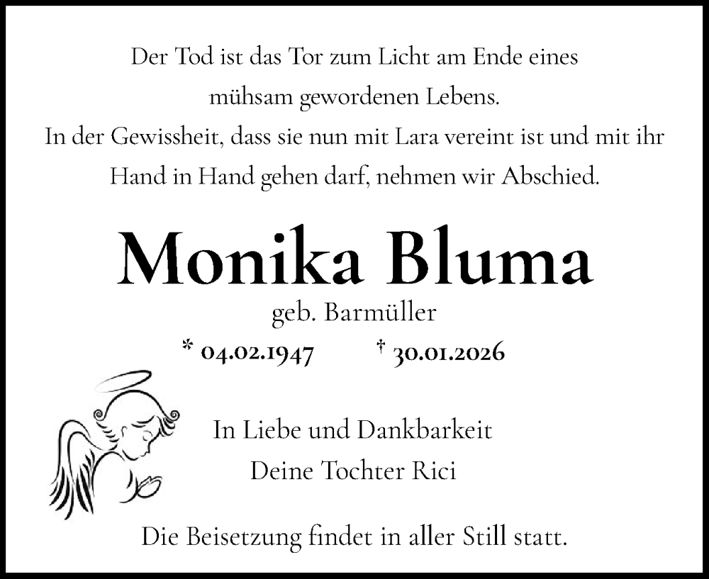  Traueranzeige für Monika Bluma vom 14.02.2026 aus Norddeutsche Rundschau, Wilstersche Zeitung, Glückstädter Fortuna
