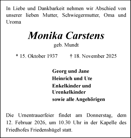 Traueranzeige von Monika Carstens von Flensburger Tageblatt