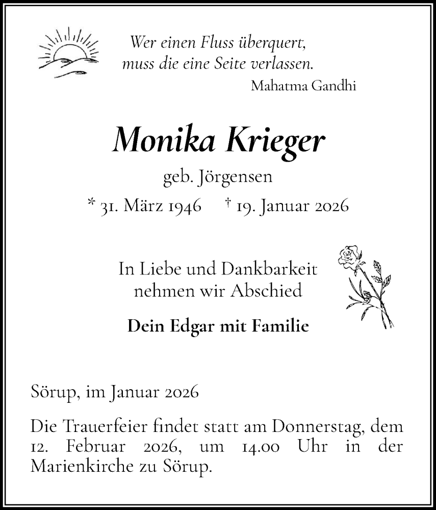  Traueranzeige für Monika Krieger vom 05.02.2026 aus Flensburger Tageblatt