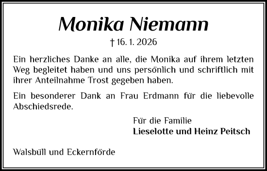 Traueranzeige von Monika Niemann von Region Flensburg