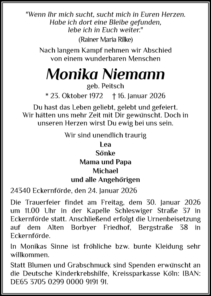  Traueranzeige für Monika Niemann vom 24.01.2026 aus Region Flensburg