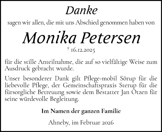 Traueranzeige von Monika Petersen von Flensburger Tageblatt