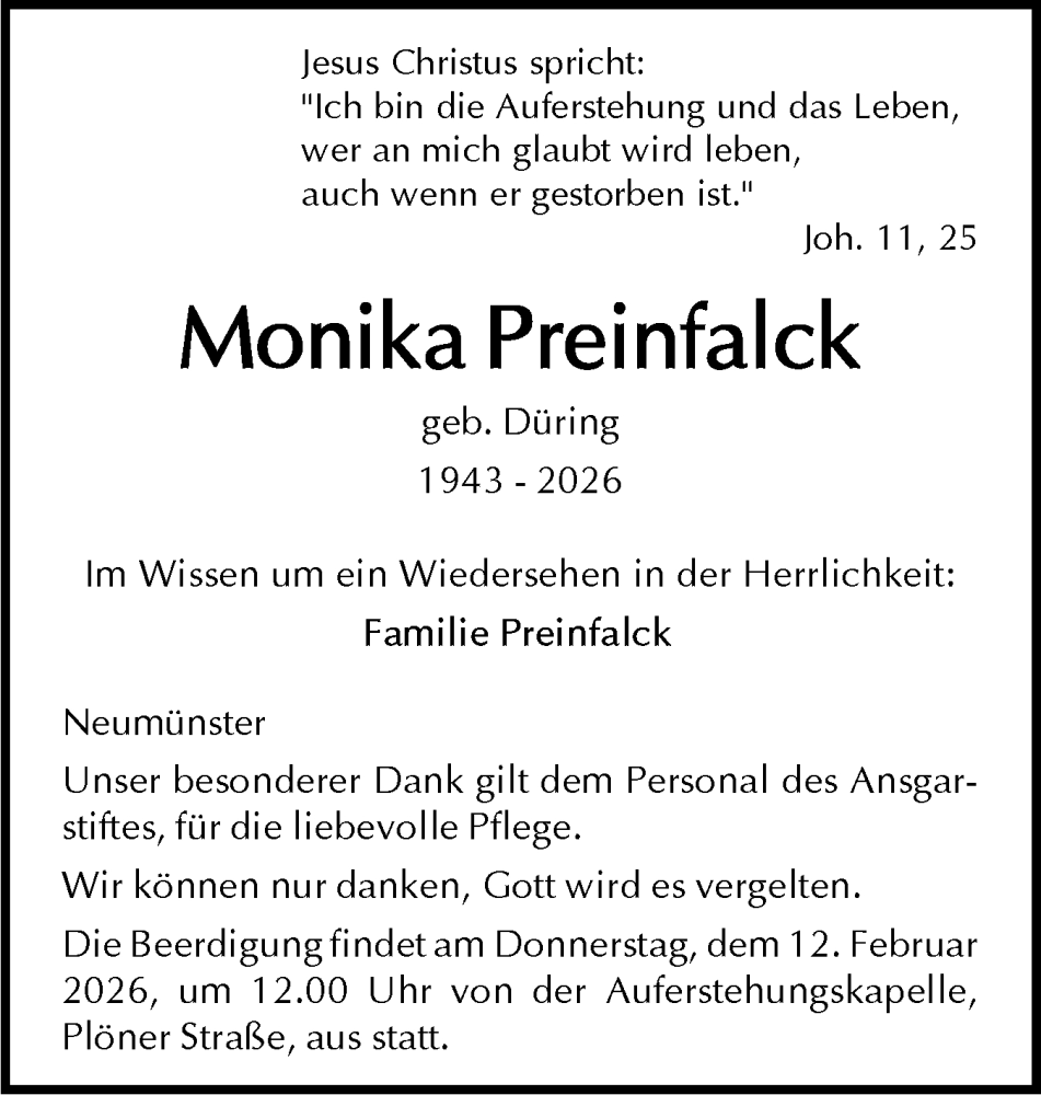  Traueranzeige für Monika Preinfalck vom 07.02.2026 aus Holsteinischer Courier