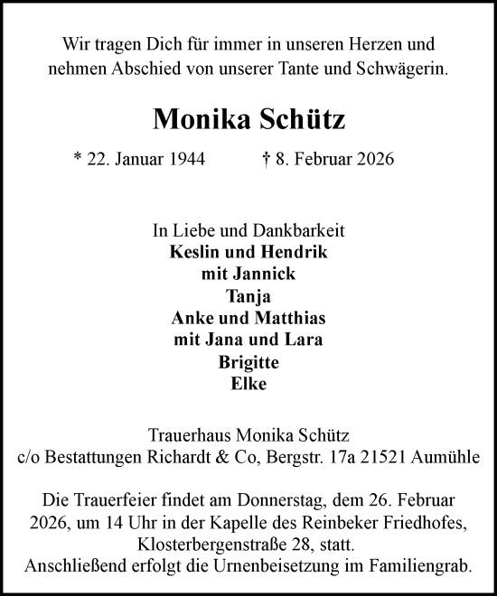 Traueranzeige von Monika Schütz von MARKT Glinde/Reinbek