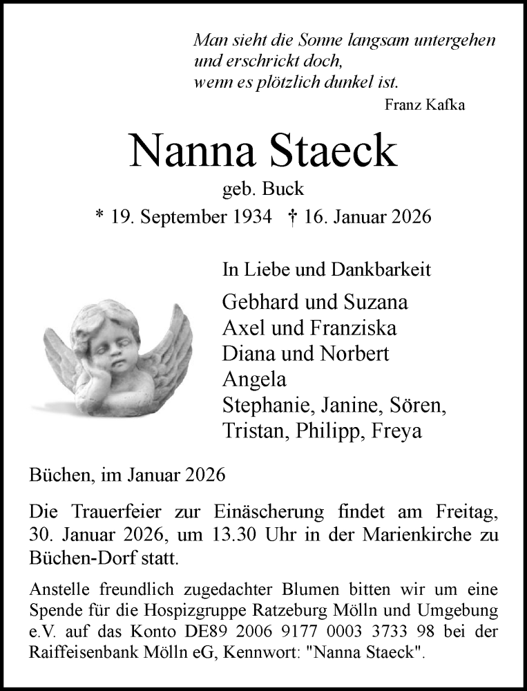  Traueranzeige für Nanna Staeck vom 24.01.2026 aus MARKT Ratzeburg/Mölln