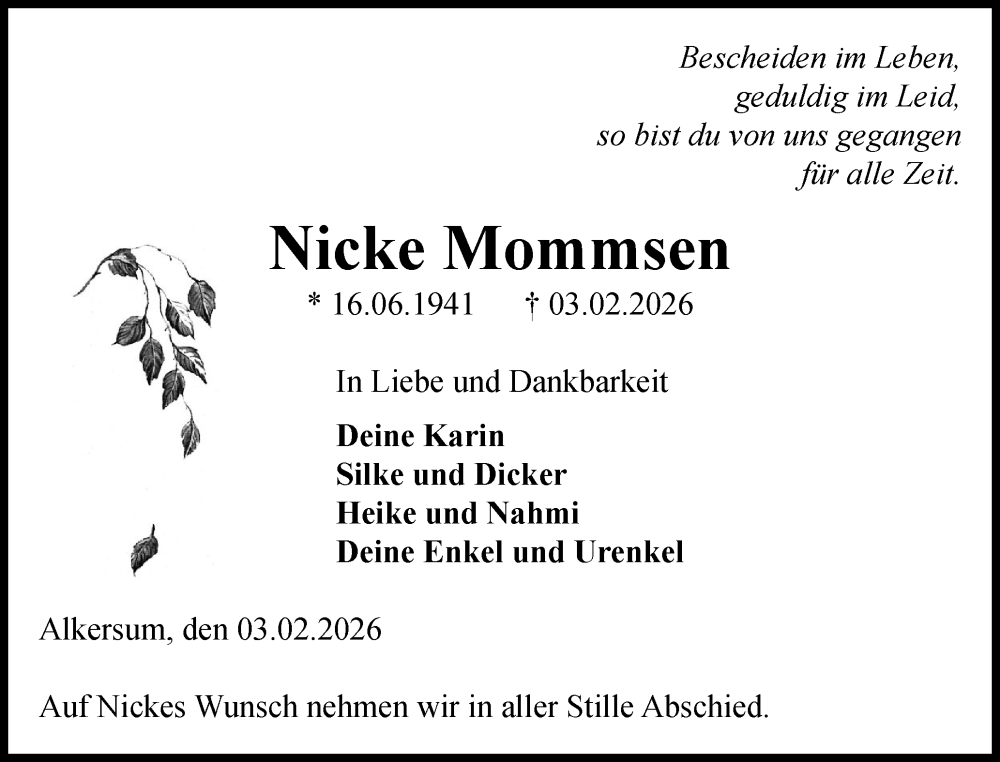  Traueranzeige für Nicke Mommsen vom 06.02.2026 aus Der Insel-Bote