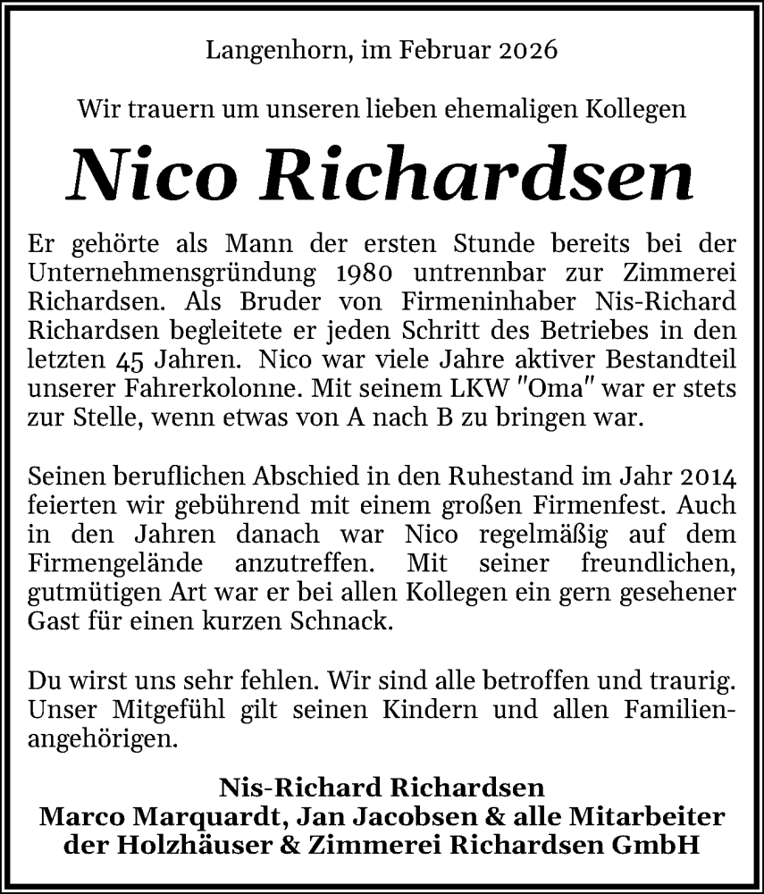  Traueranzeige für Nico Richardsen vom 06.02.2026 aus Husumer Nachrichten, Nordfriesland Tageblatt