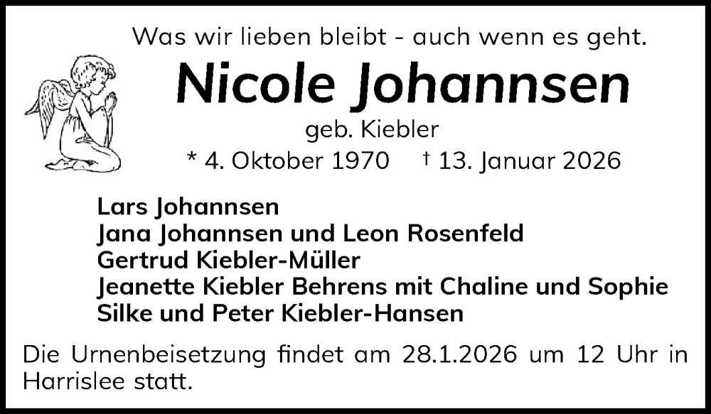  Traueranzeige für Nicole Johannsen vom 24.01.2026 aus Flensburger Tageblatt