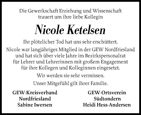 Traueranzeige von Nicole Ketelsen von Husumer Nachrichten, Nordfriesland Tageblatt
