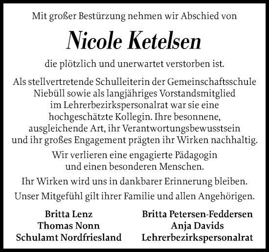 Traueranzeige von Nicole Ketelsen von Husumer Nachrichten, Nordfriesland Tageblatt