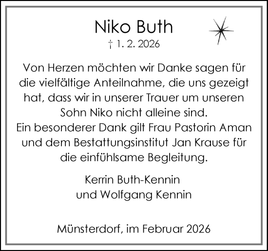 Traueranzeige von Niko Buth von Norddeutsche Rundschau, Wilstersche Zeitung, Glückstädter Fortuna