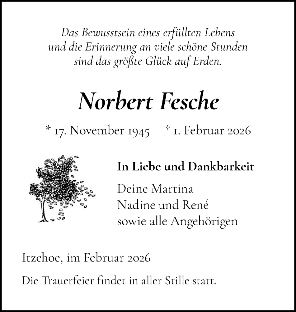  Traueranzeige für Norbert Fesche vom 14.02.2026 aus Norddeutsche Rundschau, Wilstersche Zeitung, Glückstädter Fortuna