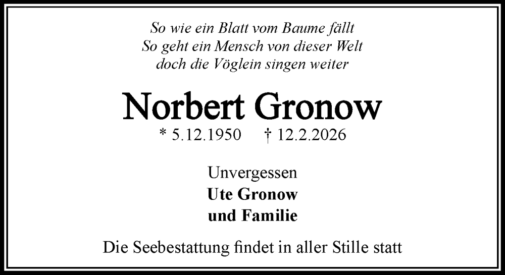  Traueranzeige für Norbert Gronow vom 21.02.2026 aus MARKT Glinde/Reinbek