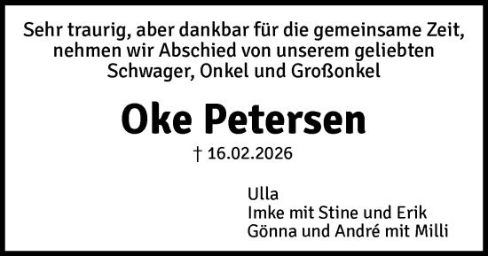 Traueranzeige von Oke Petersen von Region Flensburg