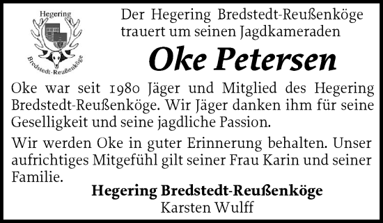 Traueranzeige von Oke Petersen von Husumer Nachrichten, Nordfriesland Tageblatt
