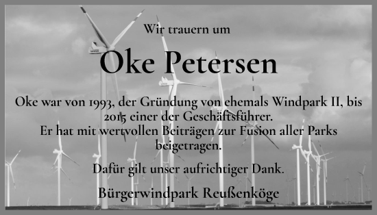Traueranzeige von Oke Petersen von Husumer Nachrichten, Nordfriesland Tageblatt