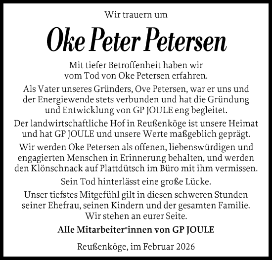 Traueranzeige von Oke Peter Petersen von Region Flensburg