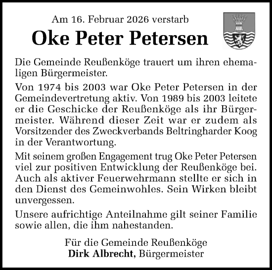 Traueranzeige von Oke Peter Petersen von Husumer Nachrichten, Nordfriesland Tageblatt