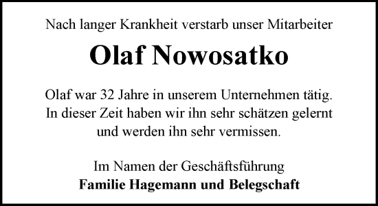 Traueranzeige von Olaf Nowosatko von MARKT Ratzeburg/Mölln