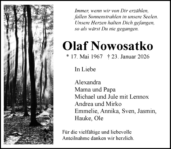 Traueranzeige von Olaf Nowosatko von MARKT Ratzeburg/Mölln