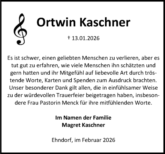 Traueranzeige von Ortwin Kaschner von Holsteinischer Courier
