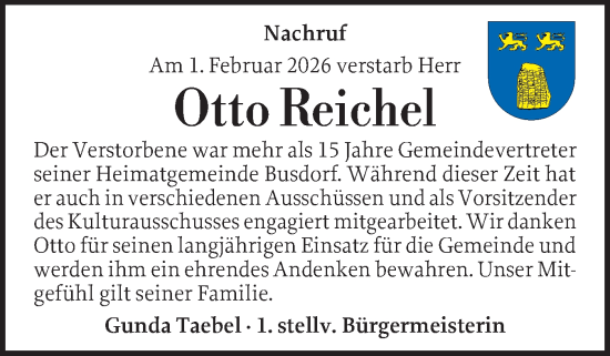 Traueranzeige von Otto Reichel von Schleswiger Nachrichten, Schlei-Bote