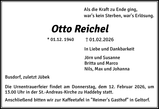 Traueranzeige von Otto Reichel von Schleswiger Nachrichten, Schlei-Bote