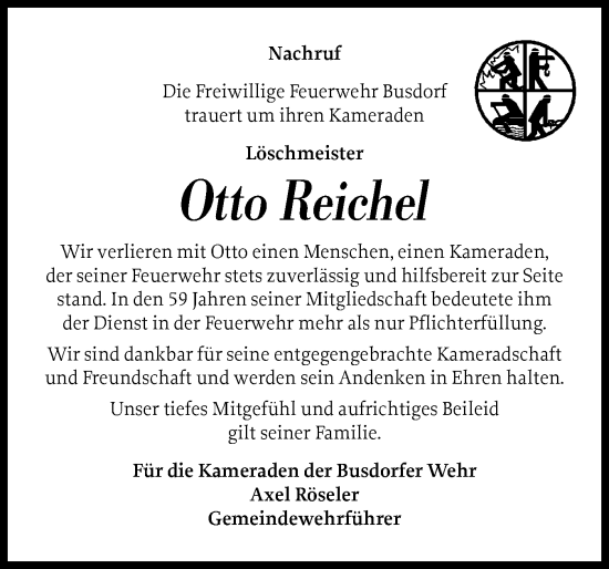 Traueranzeige von Otto Reichel von Schleswiger Nachrichten, Schlei-Bote