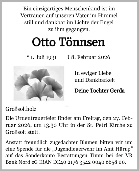Traueranzeige von Otto Tönnsen von Flensburger Tageblatt