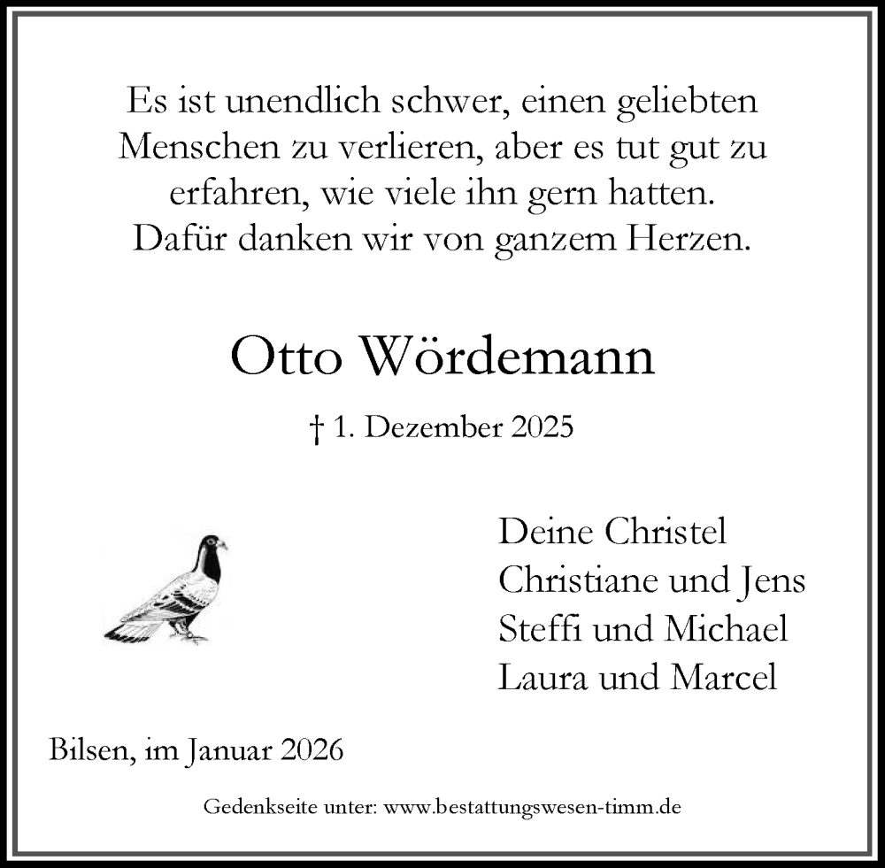  Traueranzeige für Otto Wördemann vom 24.01.2026 aus Umschau