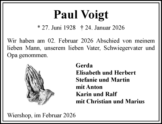 Traueranzeige von Paul Voigt von Wochenend Anzeiger