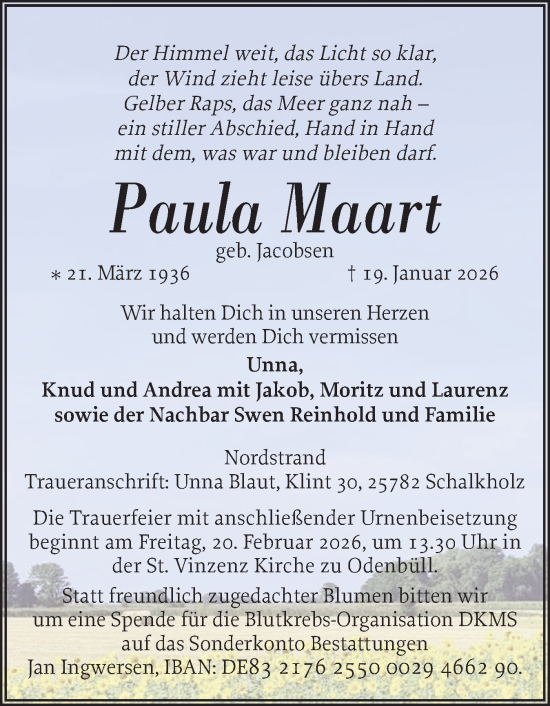 Traueranzeige von Paula Maart von Husumer Nachrichten, Nordfriesland Tageblatt