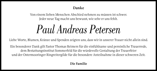 Traueranzeige von Paul Andreas Petersen von Husumer Nachrichten, Nordfriesland Tageblatt