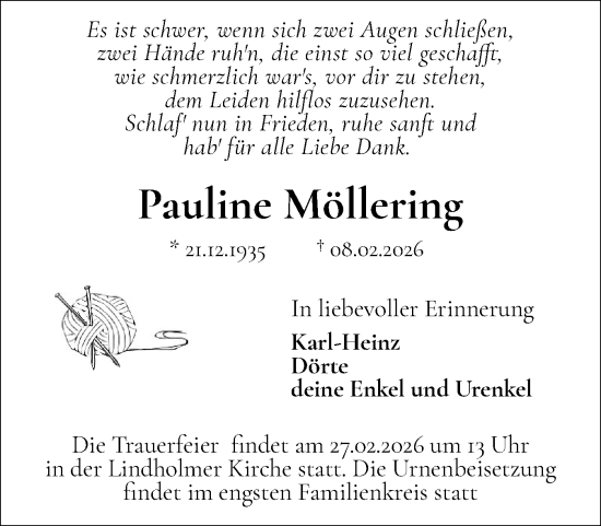 Traueranzeige von Pauline Möllering von Husumer Nachrichten, Nordfriesland Tageblatt