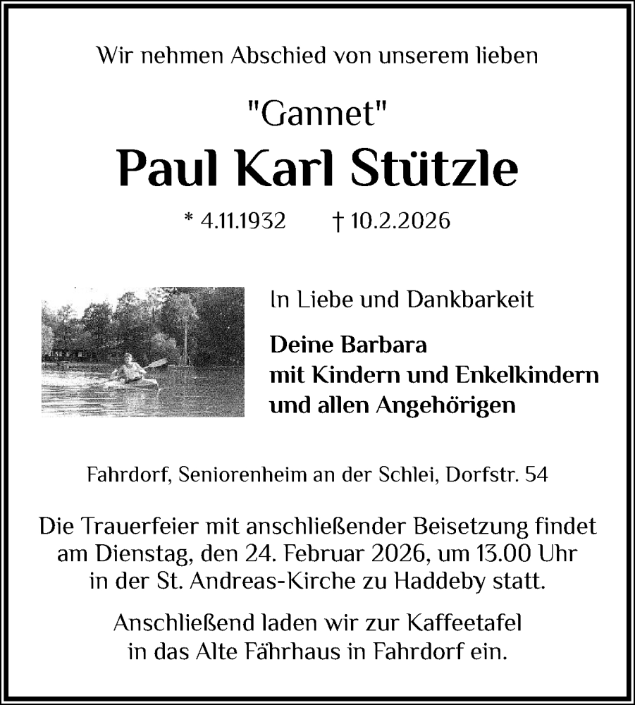  Traueranzeige für Paul Karl Stützle vom 19.02.2026 aus Schleswiger Nachrichten, Schlei-Bote