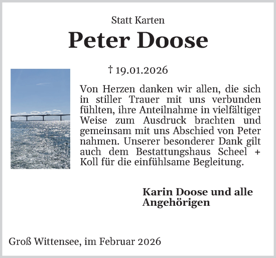 Traueranzeige von Peter Doose von Eckernförder Zeitung, Hallo Eckernförde