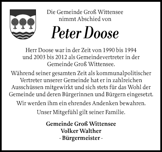 Traueranzeige von Peter Doose von Eckernförder Zeitung