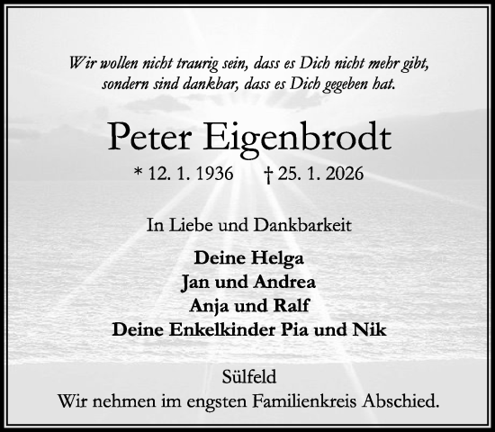 Traueranzeige von Peter Eigenbrodt von MARKT Ahrensburg/Bargteheide/Trittau und Stormarner Tageblatt
