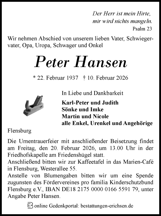 Traueranzeige von Peter Hansen von Flensburger Tageblatt